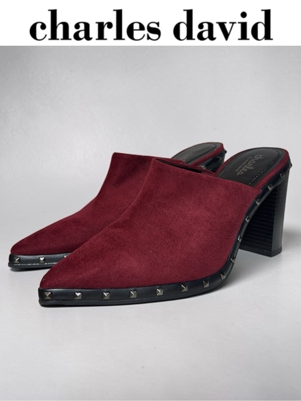 CHARLES BY CHARLES DAVID DAWSON MERLOT STUDDED POINTED TOE HEELED MULES SIZE 9